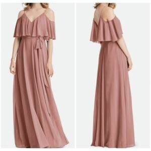 Jenny Packham Ruffled cold Shoulder Maxi Dress size 12 Desert Rose